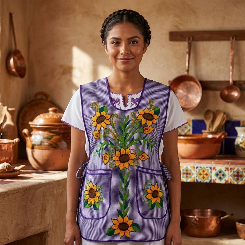 Mexican Embroidered Smock Apron – Floral Traditional Design 28 X 19 IN